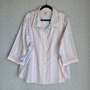 Vtg‎ Y2K Blair Womens 3X Shirt Button Down Rainbow Striped 3/4 Sleeve Dopamine